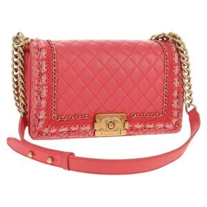 CHANEL Chain Matelasse Boy Chanel Bag Lamb Skin Pink Gold CC Auth 144832AM